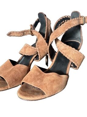 Coach Brown Suede Wide Ankle Peep Toe Strap 3.25” Stiletto Heel Sandals - Sz 7M